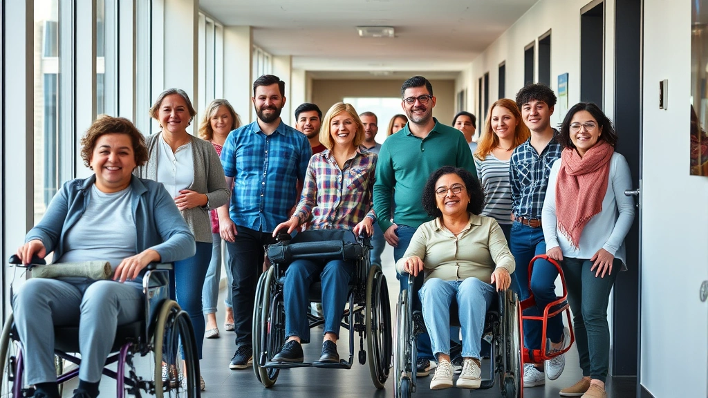 Diverse group of renters with various disabilities in modern apartment building hallway looking confident