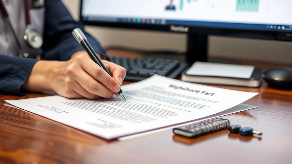 Close-up of licensed healthcare provider writing accommodation letter at desk with medical credentials visible