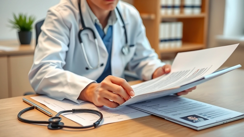 healthcare provider reviewing medical documents at desk with stethoscope and tablet showing patient records