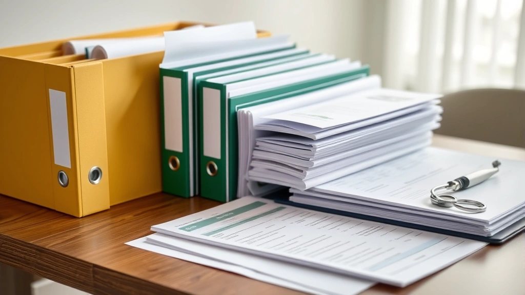 organized medical file folders and documents arranged chronologically on table with professional binder