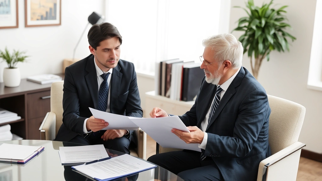 patient meeting with attorney in office reviewing medical records and legal documents together