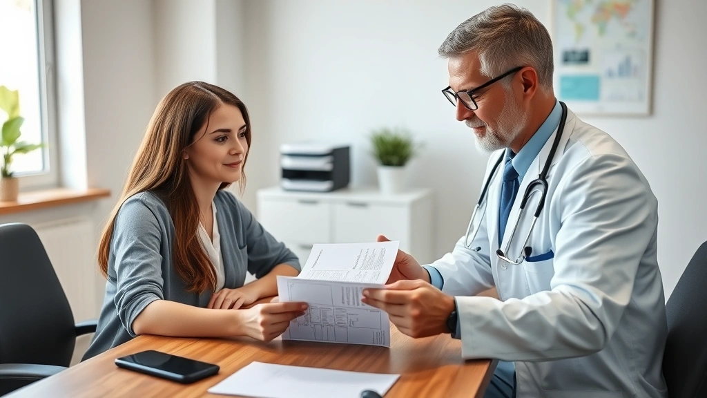 Person reviewing medical documents at a desk with a healthcare provider in a professional office setting, natural lighting