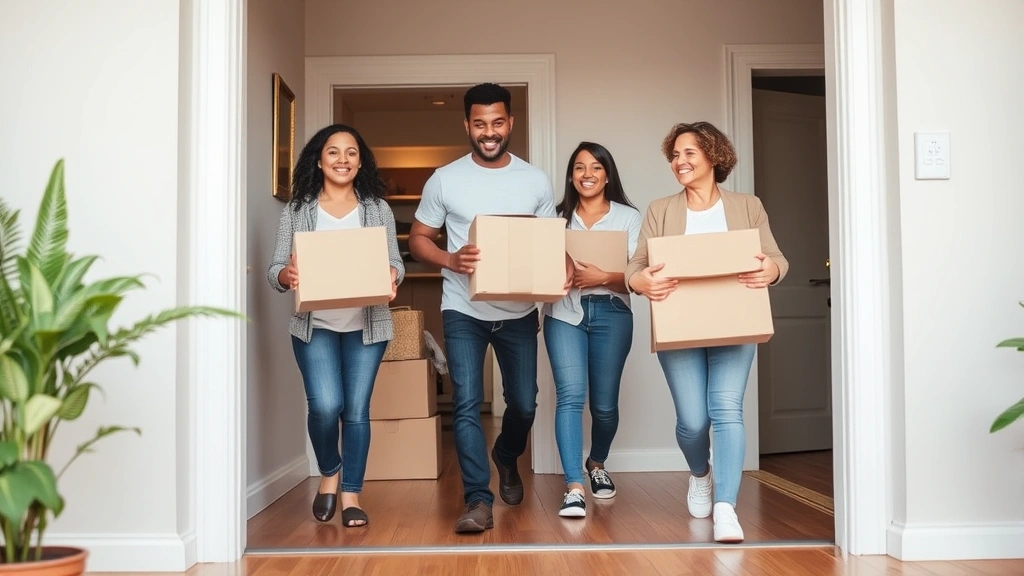 Diverse family moving into an accessible apartment with ground floor entrance and wide doorways, smiling and carrying boxes