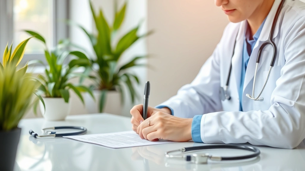 Healthcare provider writing a letter at desk with stethoscope nearby, professional medical office environment with plants