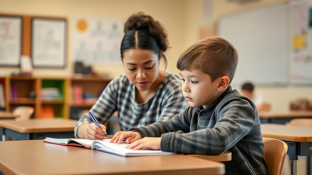 Student at desk receiving support from teacher during testing, warm classroom lighting, focused expression, inclusive educati