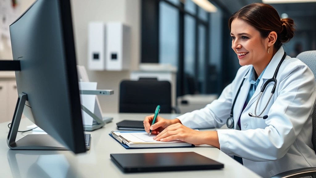 Healthcare provider writing notes at desk with computer, professional medical office setting, stethoscope visible, compassion
