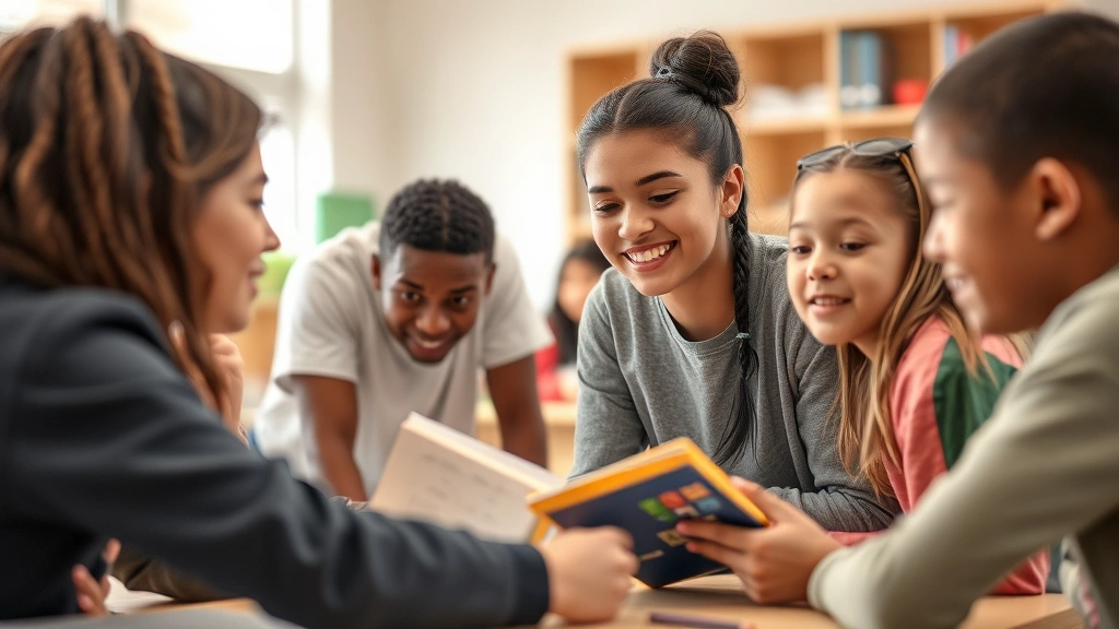 Student with diverse group of classmates in collaborative learning activity, inclusive classroom setting, positive interactio