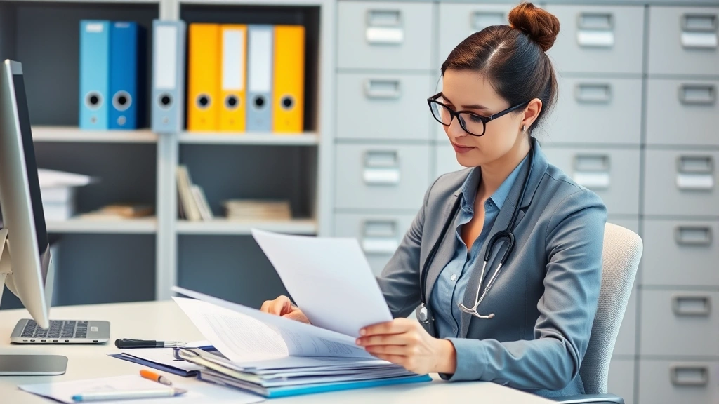 Professional HR manager reviewing medical documents at office desk with secure filing cabinet background, focused and organiz