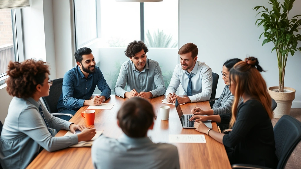 Diverse employees collaborating at conference table discussing workplace accommodations in supportive team environment
