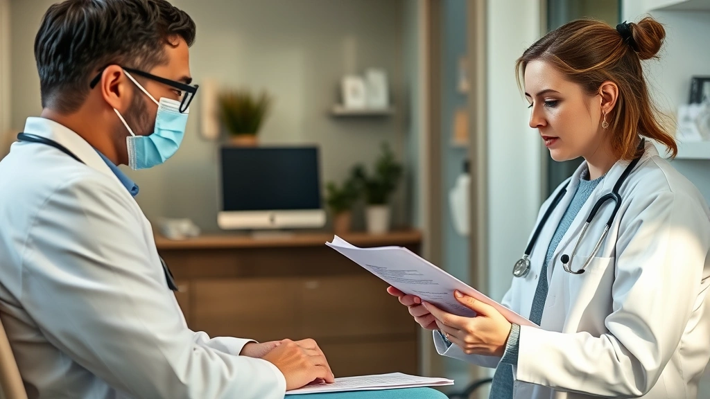 Professional healthcare provider in clinical office reviewing medical documents with patient, warm lighting, supportive atmos