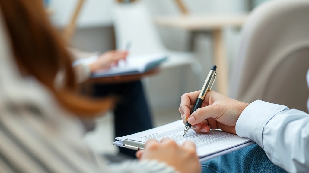 Close-up of licensed therapist taking notes during patient consultation, focused professional environment, notepad and pen vi