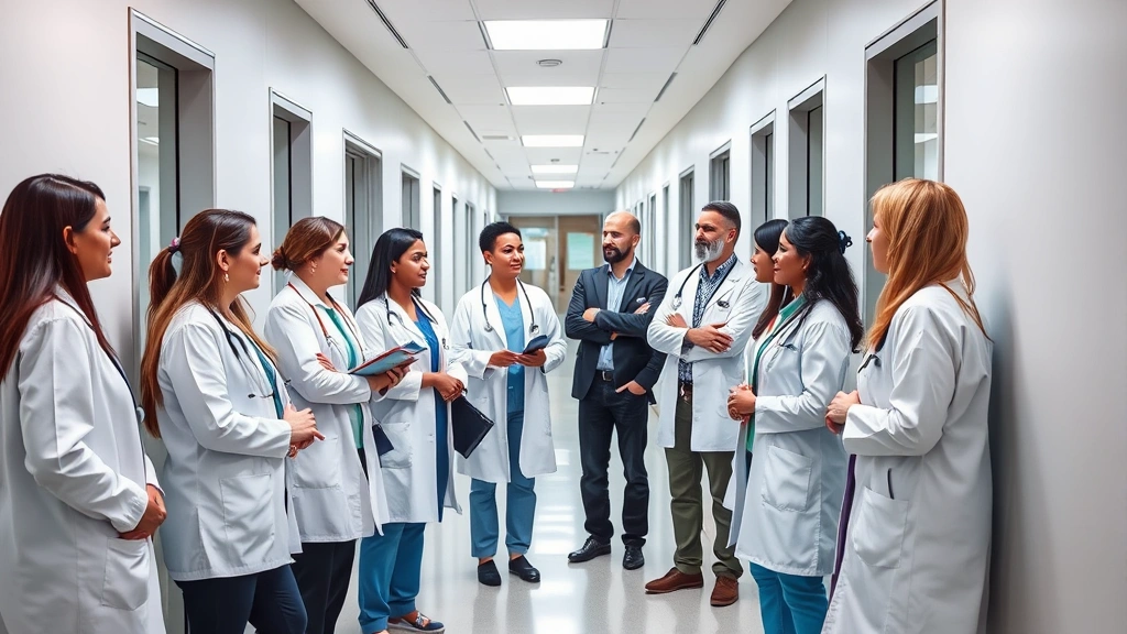 Diverse group of medical professionals in hallway discussing patient care, collaborative healthcare setting, modern medical o