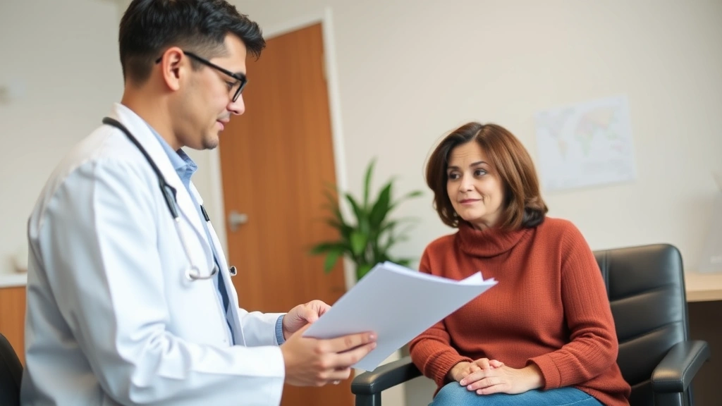 Healthcare provider reviewing medical documents with patient in clinical office setting, professional consultation atmosphere