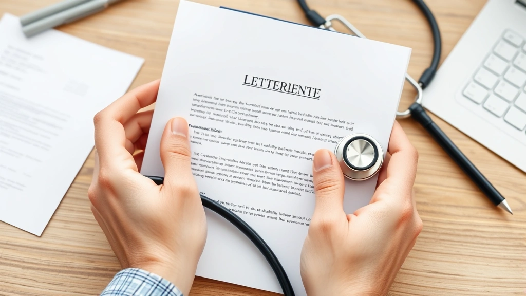 Close-up of hands holding official medical letterhead document with stethoscope on desk, healthcare documentation