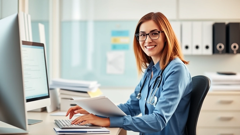 Diverse professional woman at desk with computer and filing documents, legitimate medical office environment