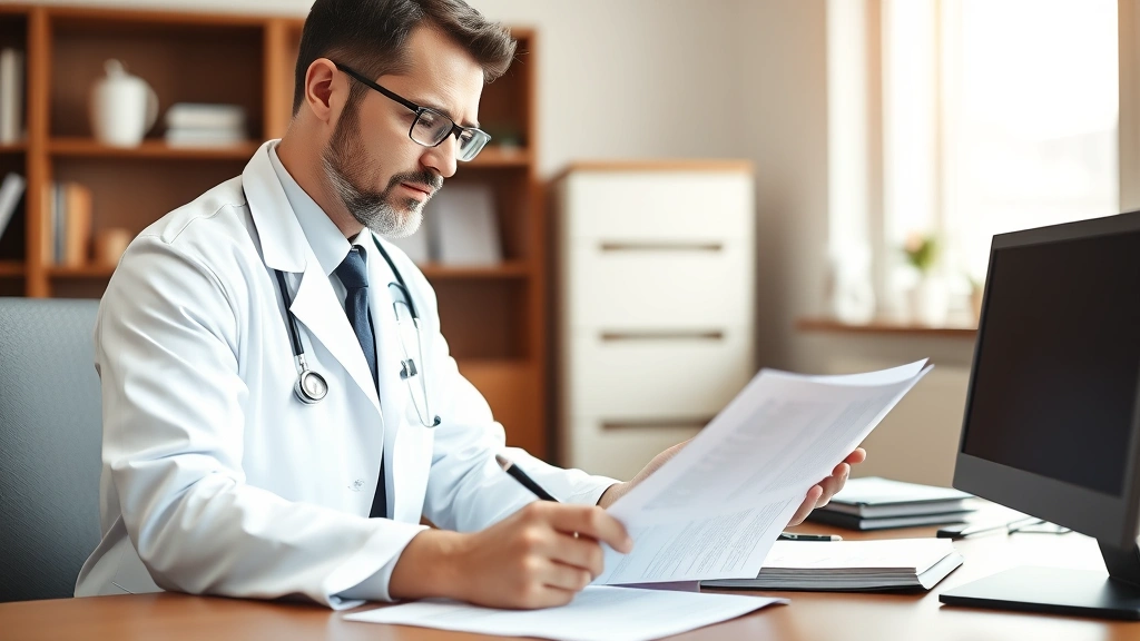 Professional male doctor in white coat reviewing patient medical records at desk with stethoscope, warm clinical office setti
