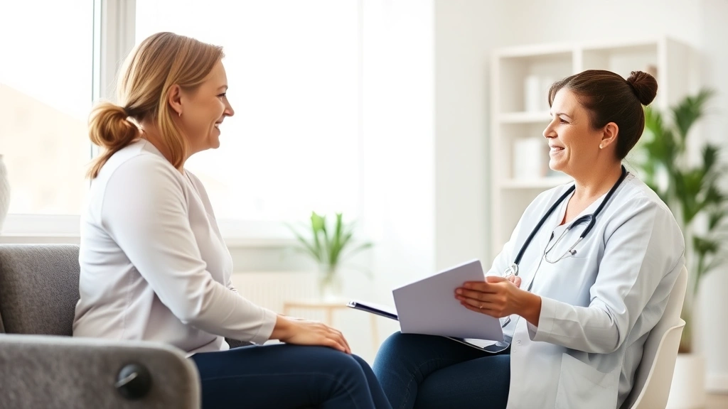 Female healthcare provider having compassionate consultation with patient, taking notes, modern medical office with natural l