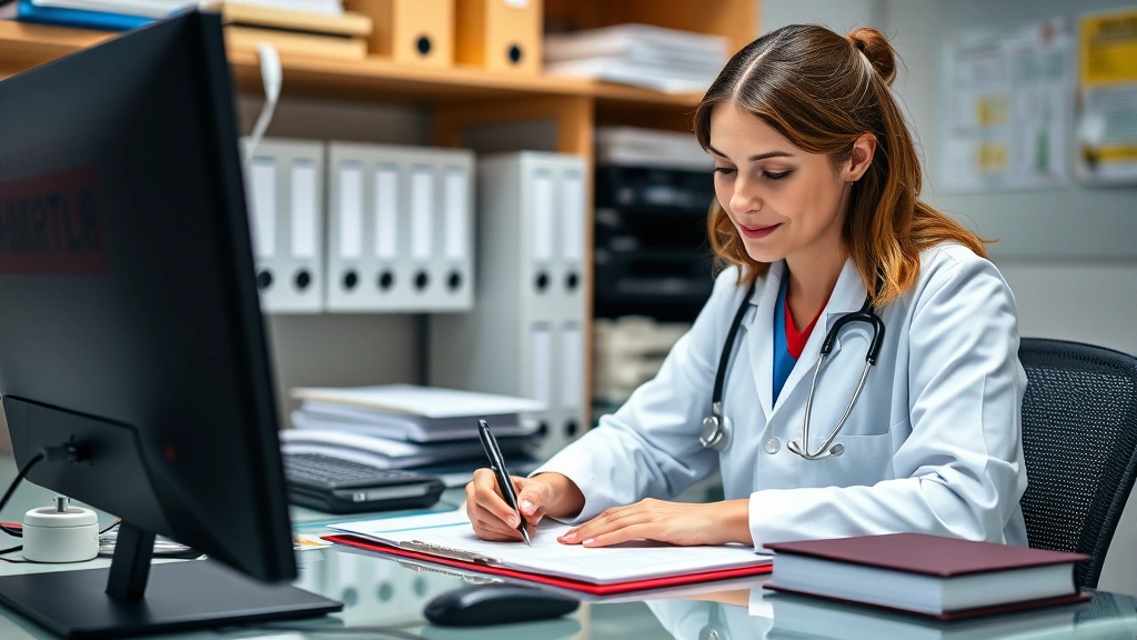 Licensed physician writing detailed medical documentation at desk with computer and medical files, professional healthcare en