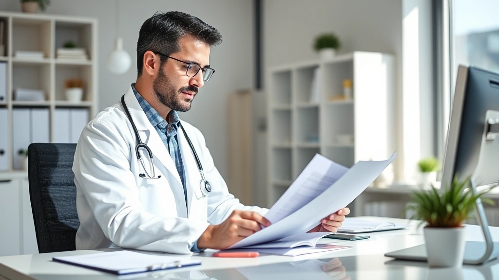 Healthcare professional in white coat at desk reviewing patient medical records and taking notes in bright office setting