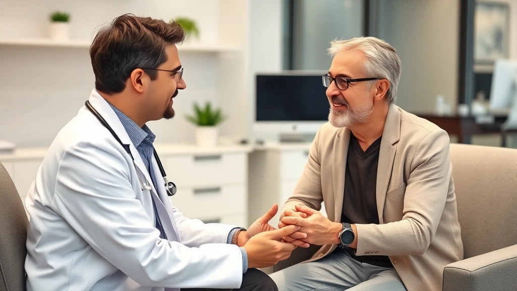 Patient and doctor having consultation in modern medical office with computer and comfortable seating discussing health condi