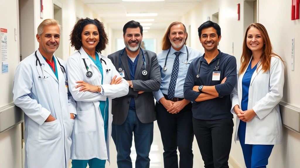 Diverse group of medical professionals including doctor psychiatrist and therapist standing together in hospital corridor smi