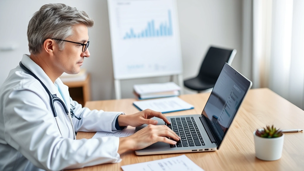 Healthcare provider reviewing medical records at desk with laptop and documents
