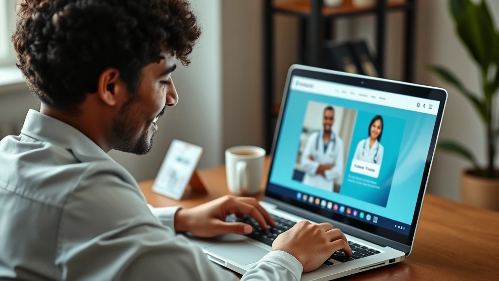 Person at computer smiling accessing secure patient portal on laptop with healthcare provider website visible