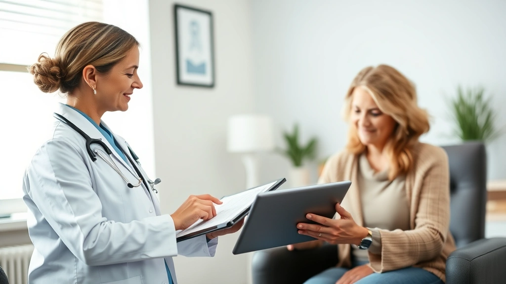 Healthcare provider in office reviewing patient medical records on tablet with professional credentials and compassionate dem