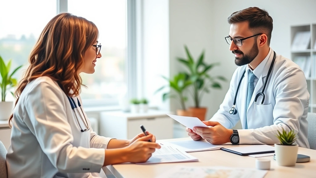 A professional healthcare provider and patient having a consultation in a bright medical office, both looking at documents on