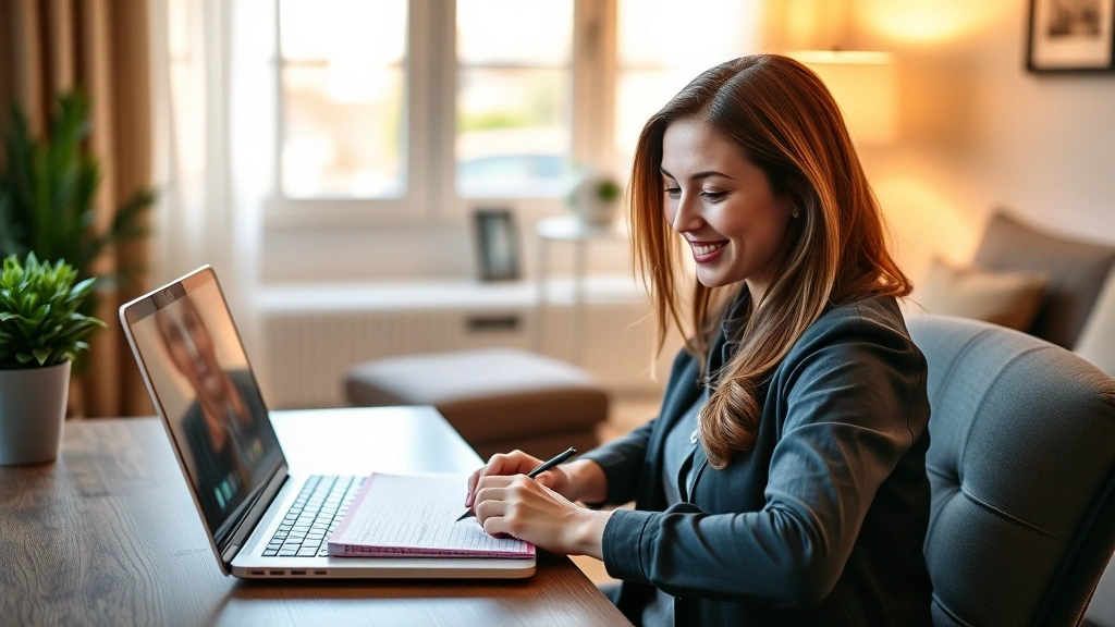 Professional woman in video call on laptop with notepad, warm home office lighting, genuine engagement
