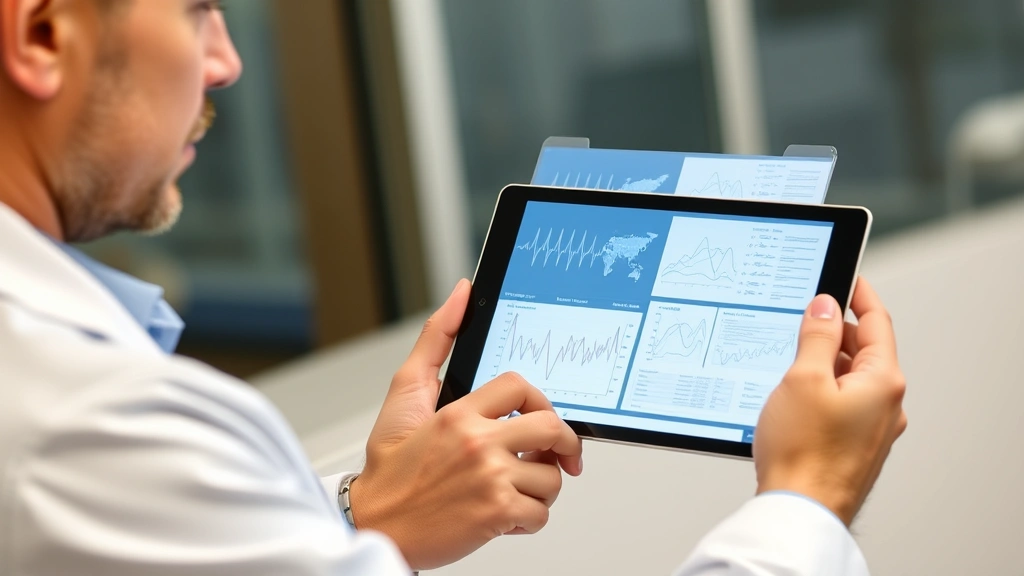 Doctor in white coat reviewing medical charts on tablet during virtual consultation, focused expression