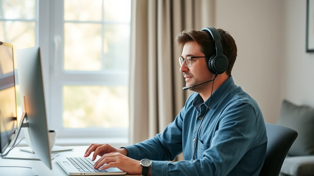 Person with headphones at desk during telehealth appointment, natural window light, comfortable setting