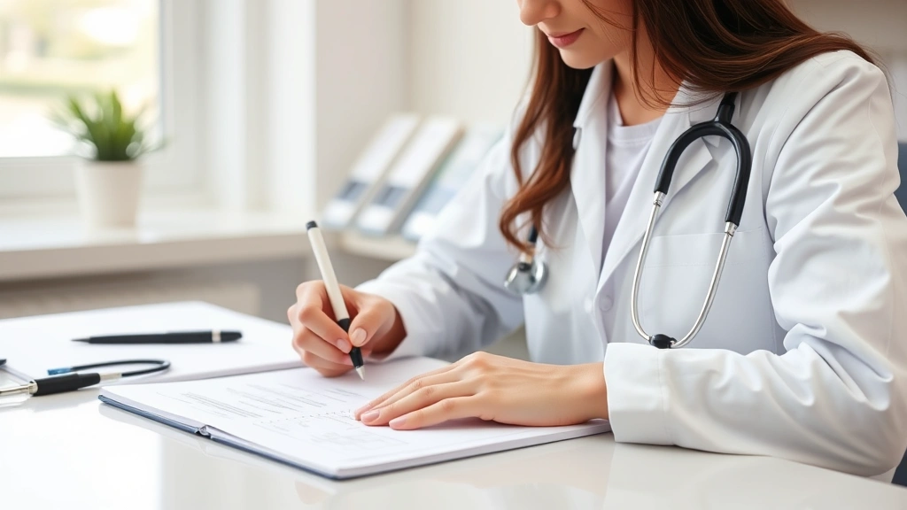 Doctor writing medical notes at desk with stethoscope, professional healthcare provider in clinic setting documenting patient