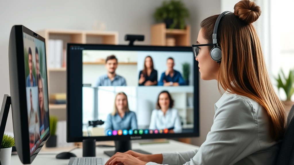Professional woman in video conference call at home office, computer screen showing colleagues, productive remote work meetin