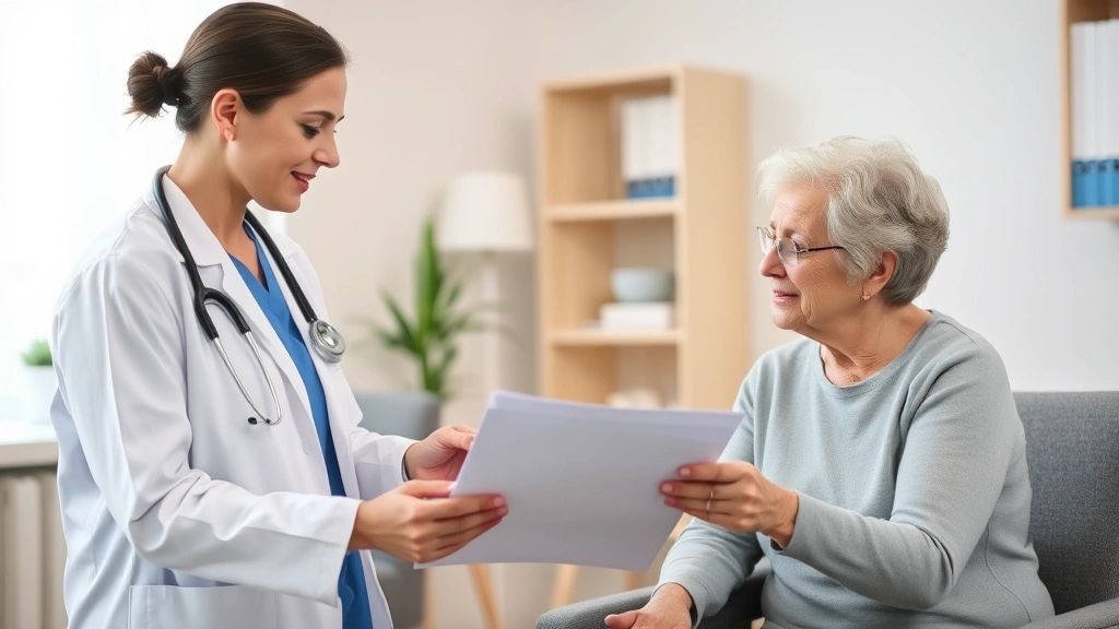 Healthcare provider discussing medical records with patient in clinical office setting, professional and supportive