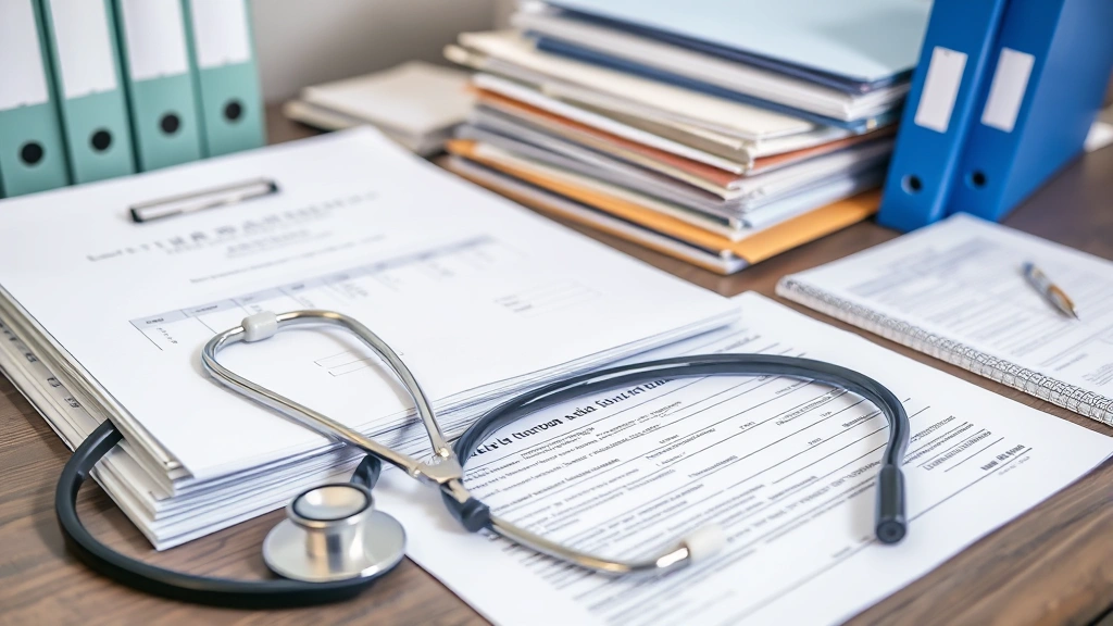 Organized medical documents and files neatly arranged on desk with stethoscope, representing comprehensive health documentati