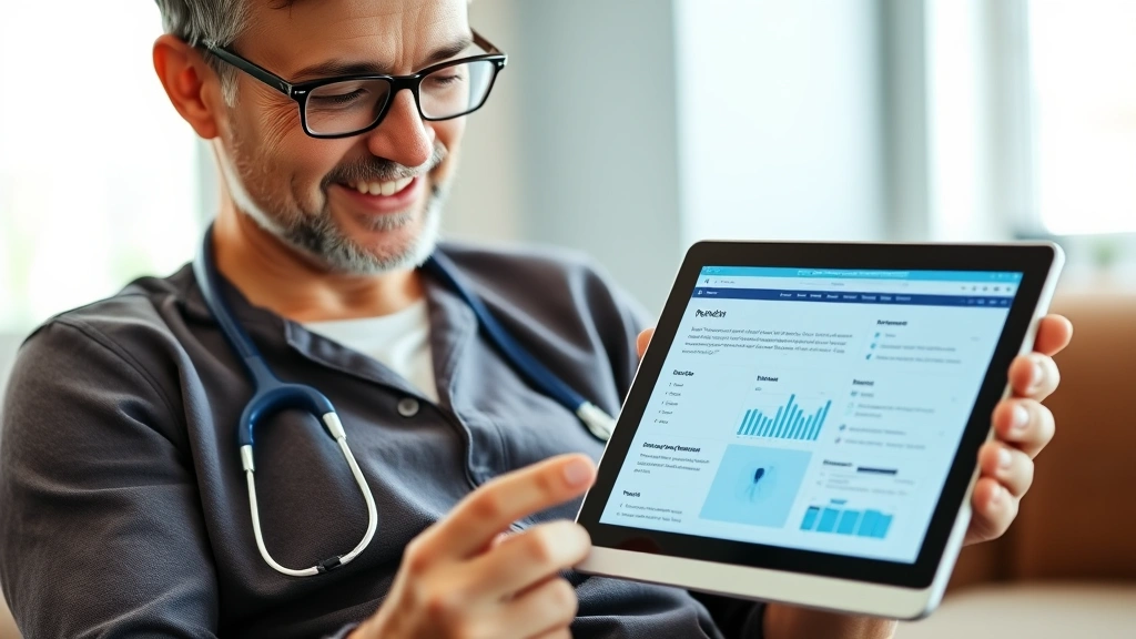 Person reviewing digital health records on tablet with confident expression, managing personal medical information