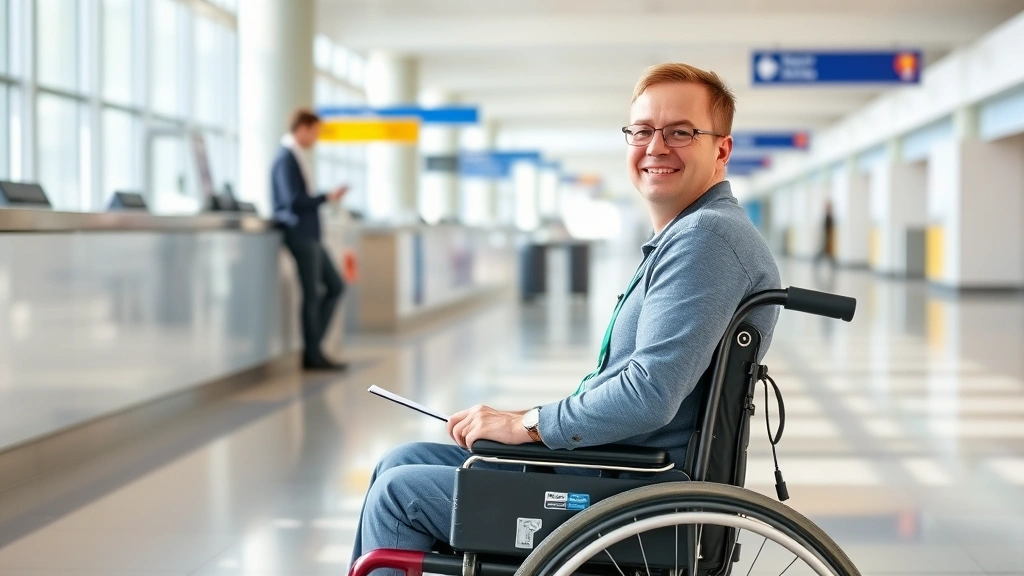 Person in wheelchair at airport terminal with medical equipment, smiling while checking documents at counter, natural lightin