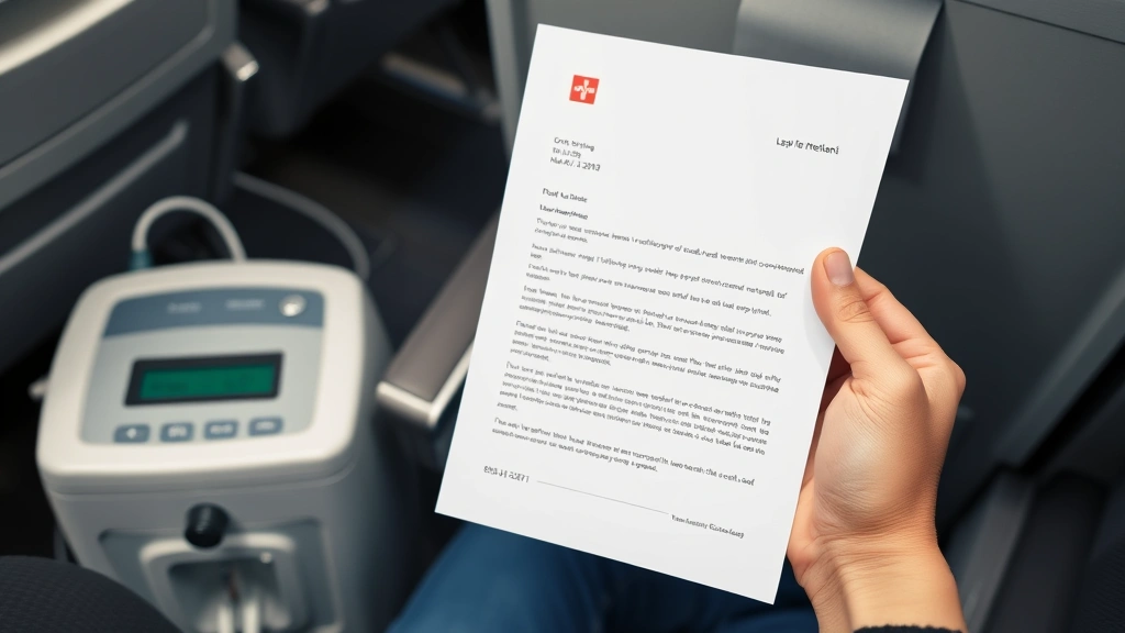 Close-up of hands holding medical letter document next to portable oxygen concentrator on airplane seat, clear readable lette