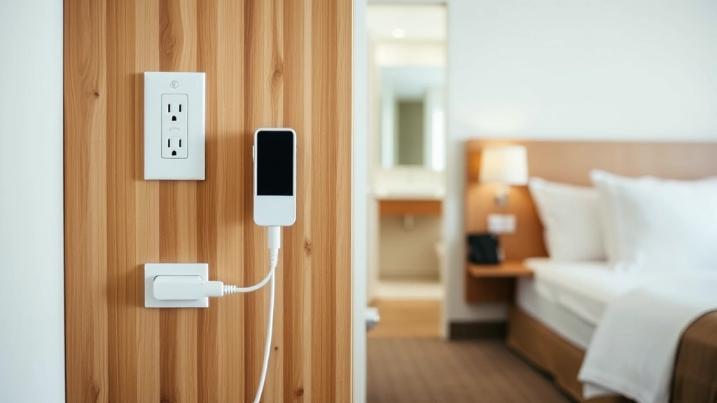 Hotel room with accessible features, bedside outlet charging medical device, accessible bathroom visible in background, clean