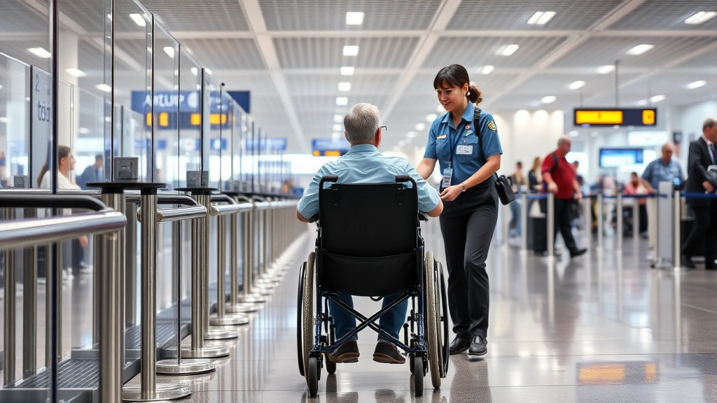 Person in airport security line with wheelchair and medical equipment, TSA officer assisting, professional friendly interacti