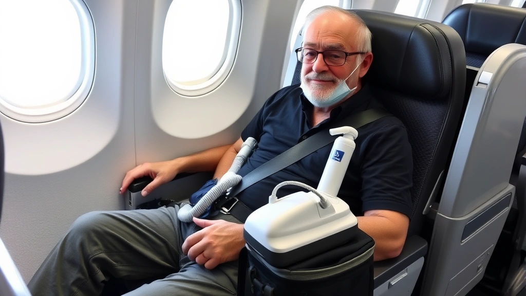 Traveler sitting in airplane seat with CPAP machine and portable oxygen concentrator properly organized in carry-on