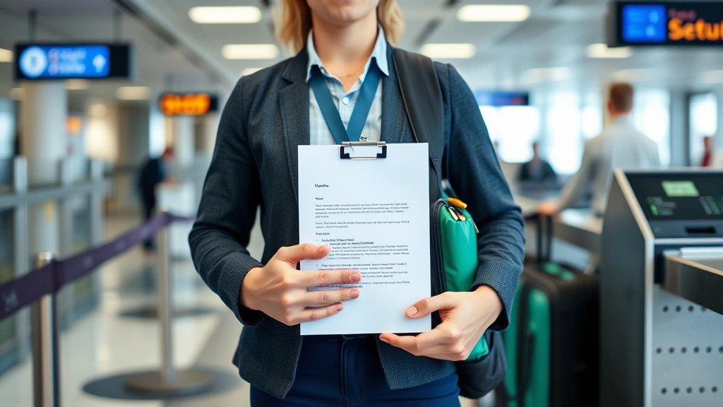 Person at airport security checkpoint with medical equipment bag and doctor's letter in hand, calm and organized appearance