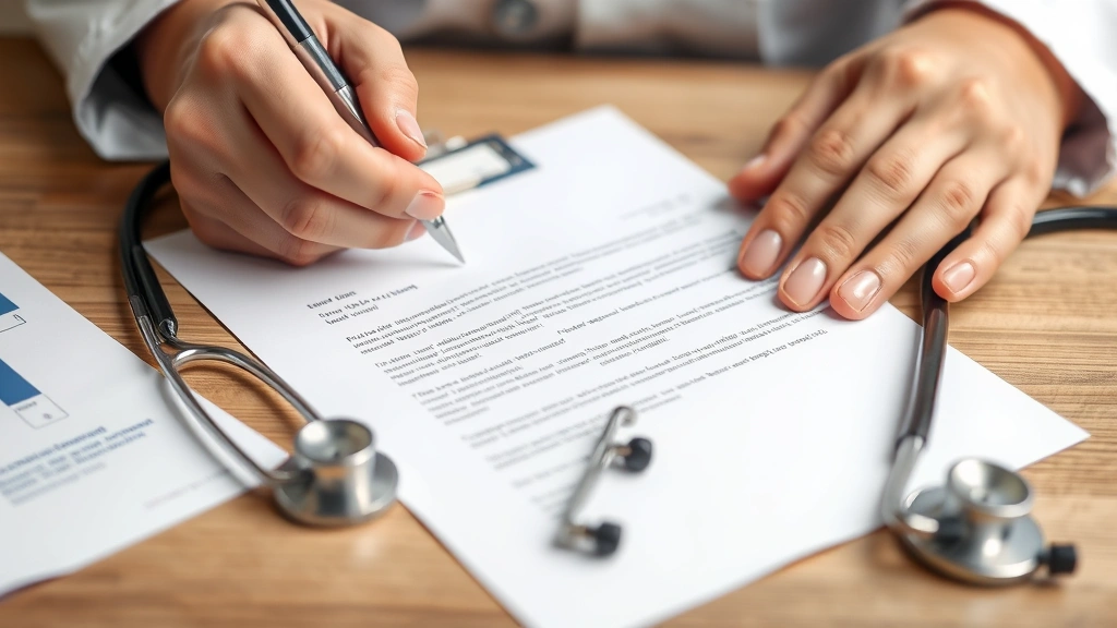 Close-up of doctor's hands signing official medical travel letter on clinic letterhead with stethoscope nearby