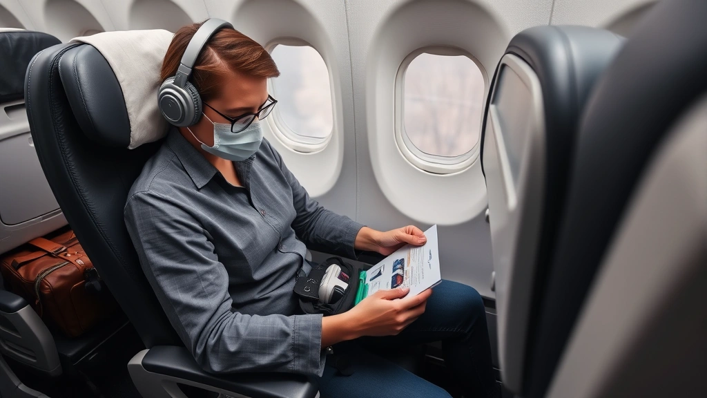 Traveler sitting in airplane seat organizing medical equipment and travel documentation in organized pouch