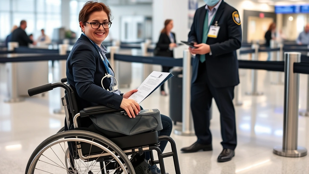 Person with portable oxygen concentrator and wheelchair at airport security checkpoint, smiling and showing documentation to
