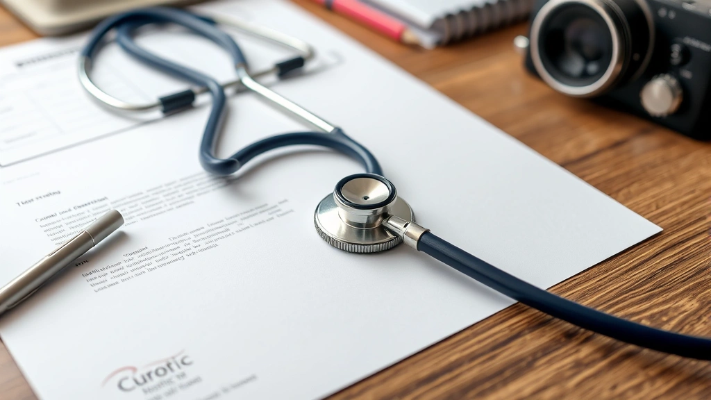 Close-up of medical equipment travel letter on doctor letterhead with stethoscope and tablet, organized documents on desk, pr