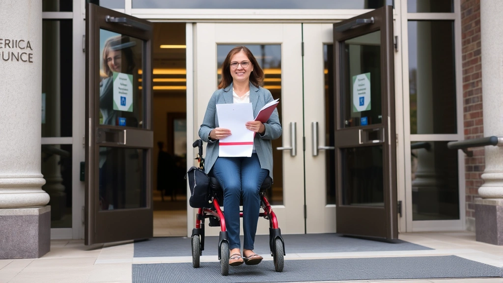 Woman with mobility device entering courthouse building, holding medical documentation folder, accessible entrance with ramp,