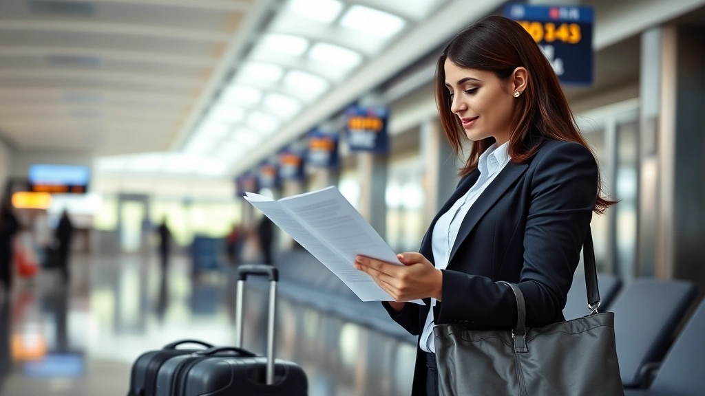Professional woman in business attire reviewing travel documents at airport departure lounge with luggage nearby, natural lig