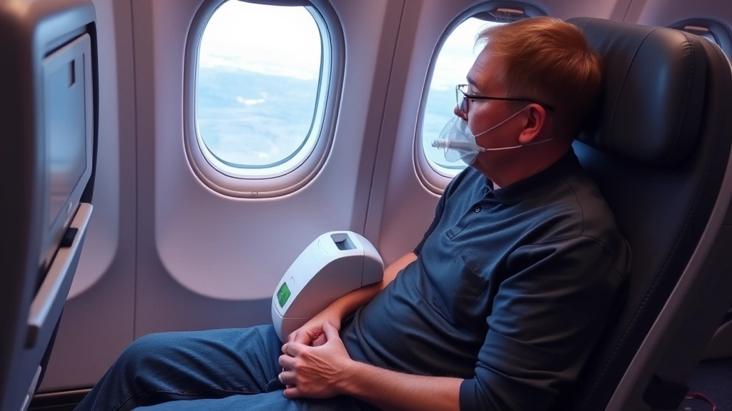 Person with portable oxygen concentrator sitting in airplane window seat with comfortable setup and power outlet access